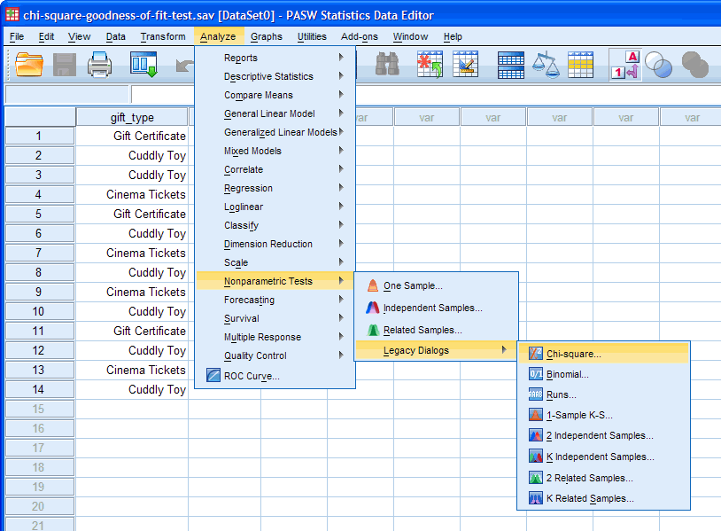 Menu System for Chi-Square Goodness of Fit Test