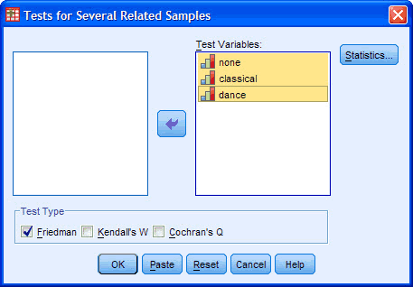 Transferring Variables in the Friedman Test Dialogue Box in SPSS