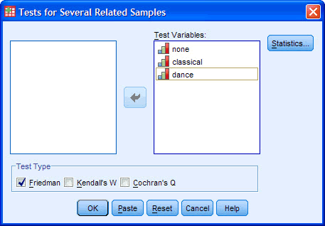 Dialogue Box of the Friedman Test in SPSS Having Transferred The Variables And Selected Options