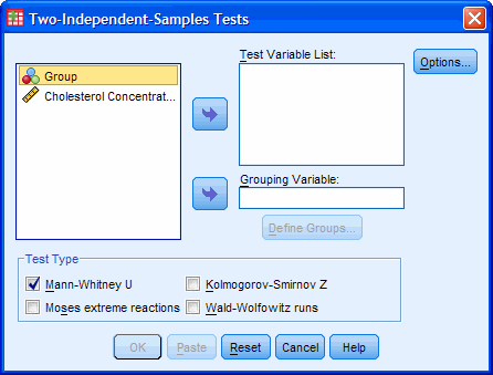 The Mann-Whitney U Test Dialog Box