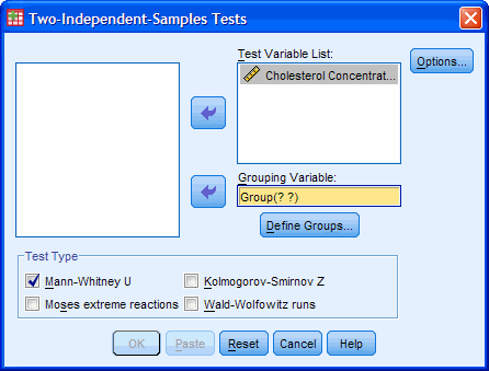 The Mann-Whitney U Test Dialog Box