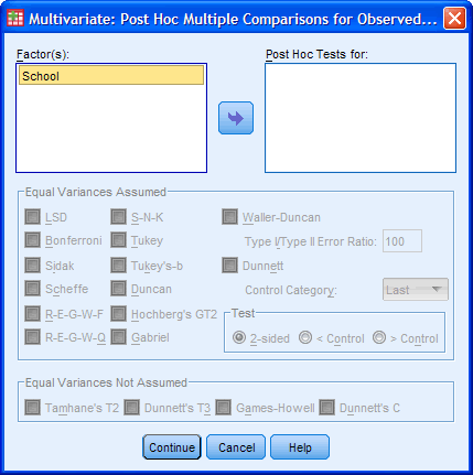One-way MANOVA Post-hoc Dialogue Box