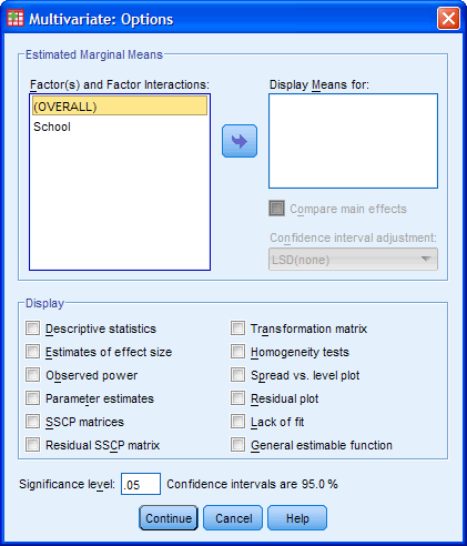 One-way MANOVA Options Dialogue Box