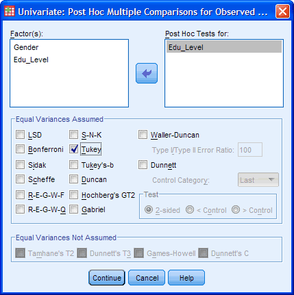 Two-way ANOVA Post-hoc Dialogue Box