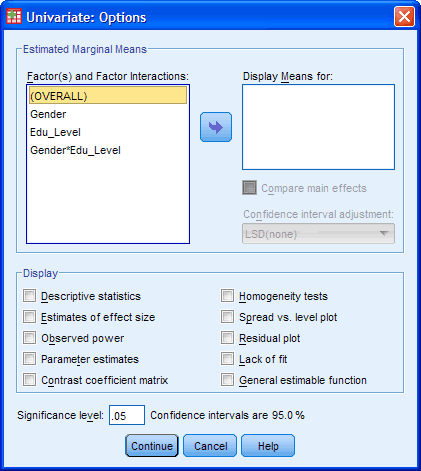 Two-way ANOVA Options Dialogue Box