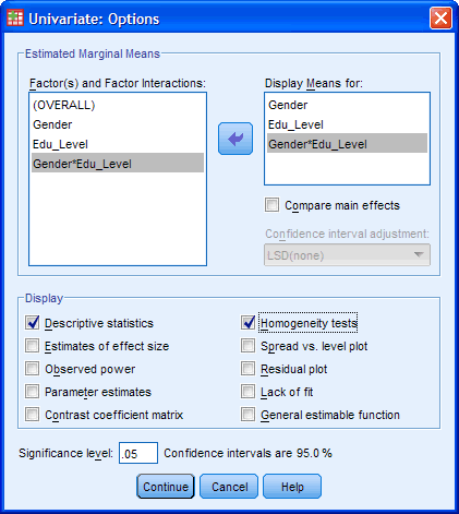 Two-way ANOVA Options Dialogue Box