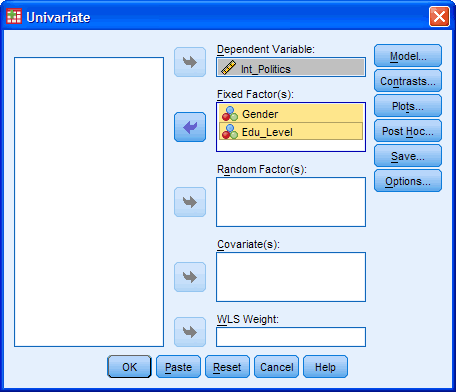 Two-way ANOVA Dialogue Box