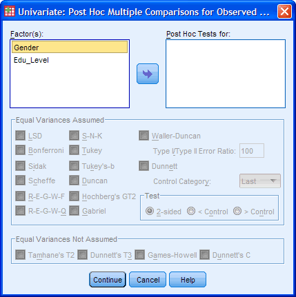 Two-way ANOVA Post-hoc Dialogue Box