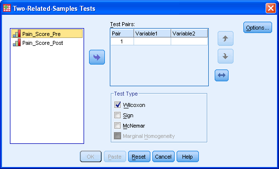 The Wilcoxon Signed-Rank Test Dialog Box