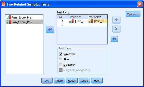 The Wilcoxon Signed-Rank Test Dialog Box