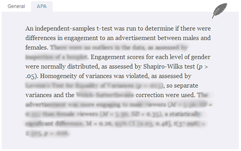 Screenshot providing an example of how to report the results from an independent-samples t-test