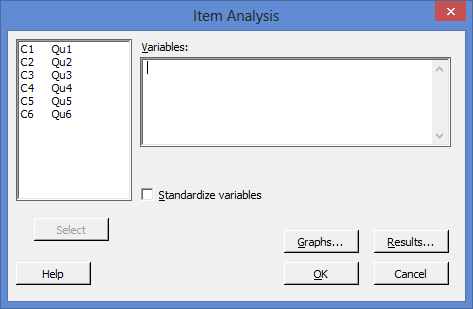Options box for a Cronbach's alpha in Minitab