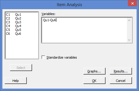 Options box selected for a Cronbach's alpha in Minitab