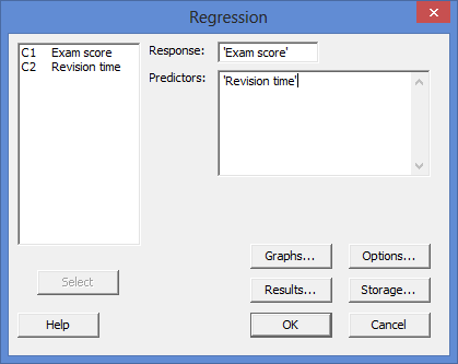 Options box selected for linear regression in Minitab