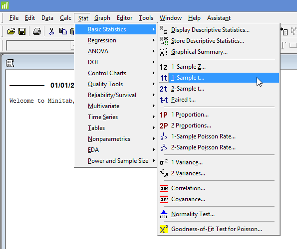 Main menu for the one-sample t-test in Minitab