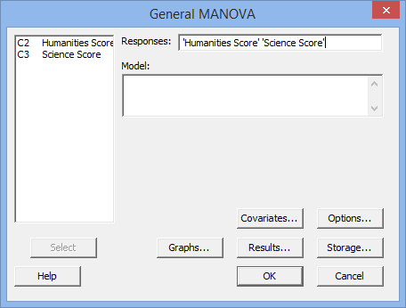 Options box selected for the one-way MANOVA in Minitab
