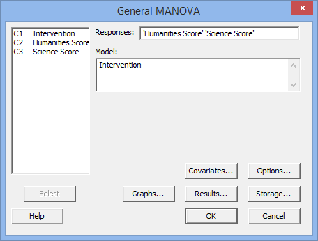 Options box selected for the one-way MANOVA in Minitab