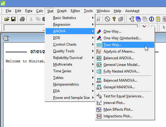 Main menu for the two-way ANOVA in Minitab