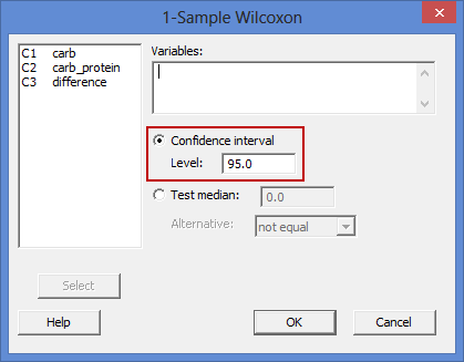 Options box for the Wilcoxon signed-rank test in Minitab (highlighted)