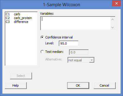 Options box for the Wilcoxon signed-rank test in Minitab