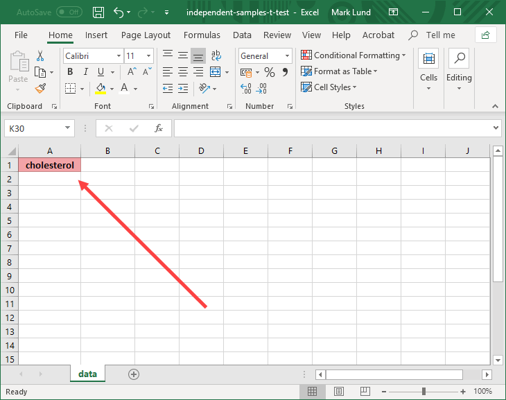 Setting up your dependent variable in Excel when running an independent-samples t-test