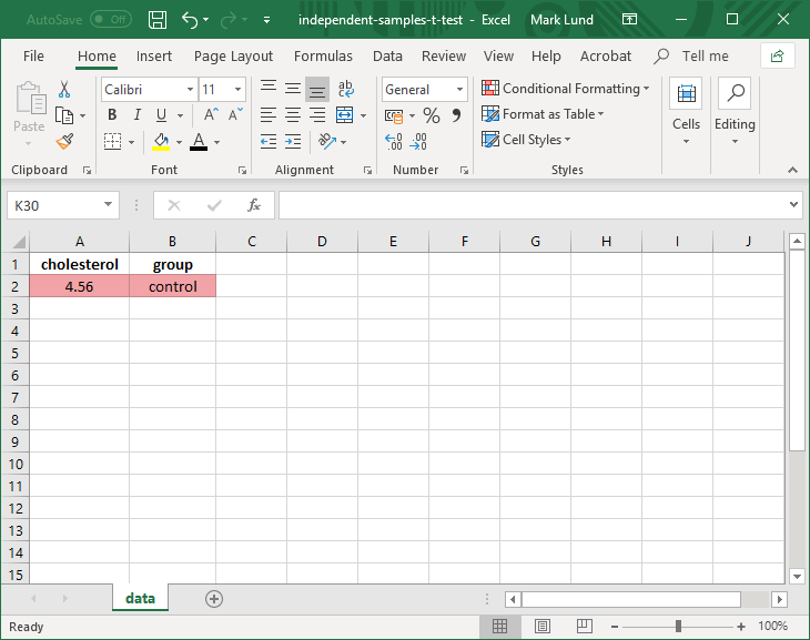 Entering data for your dependent and independent variable in Excel when running an independent-samples t-test