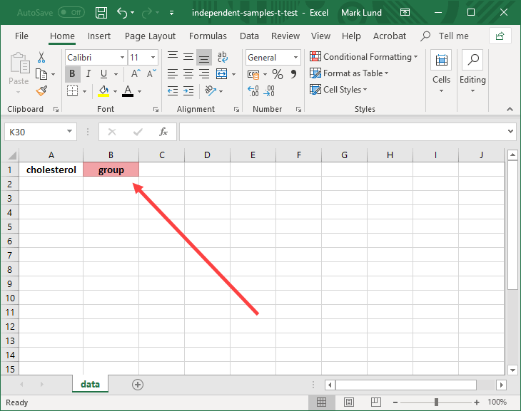 Setting up your independent variable in Excel when running an independent-samples t-test