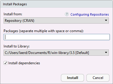 The Install Packages dialogue box in RStudio