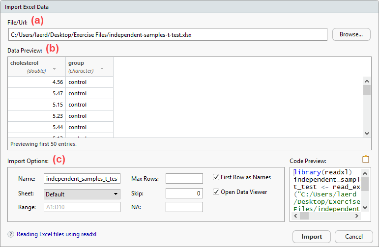 Setting up the Import Excel Data dialogue box in RStudio