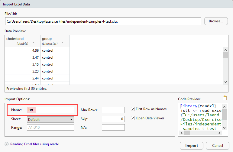 Setting up the Name box within the Import Excel Data dialogue box in RStudio: Part 2