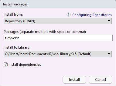 Installing the tidyverse R package using the Install Packages dialogue box in RStudio
