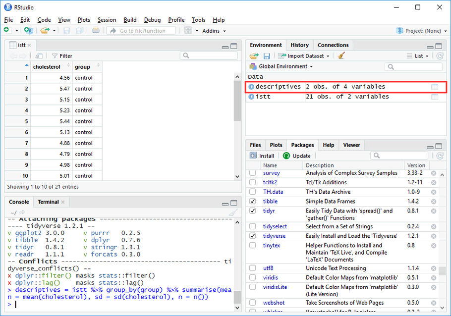 Descriptive statistics output in the RStudio Console when running an independent-samples t-test