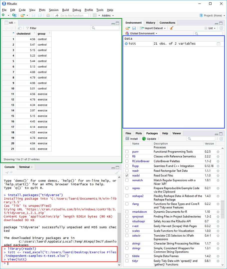 The RStudio interface for an independent-samples t-test when data has been imported from Excel
