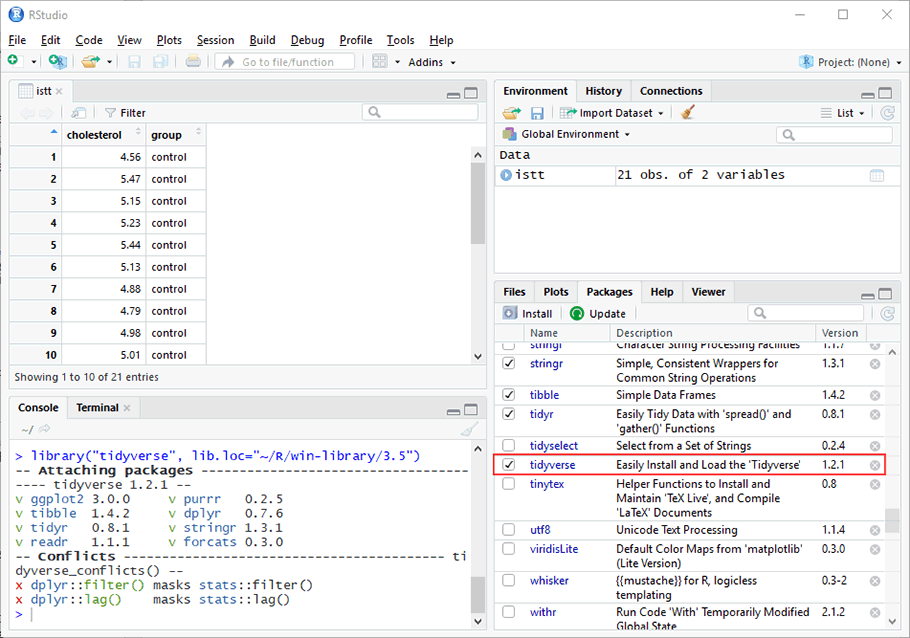 Selecting the tidyverse R package from the Packages list within RStudio