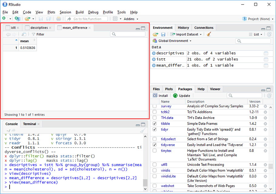 Mean difference output in the RStudio Source window when running an independent-samples t-test