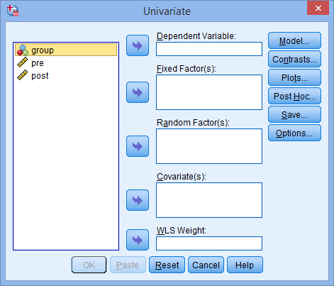 'Univariate' dialogue box for the one-way ANCOVA in SPSS Statistics