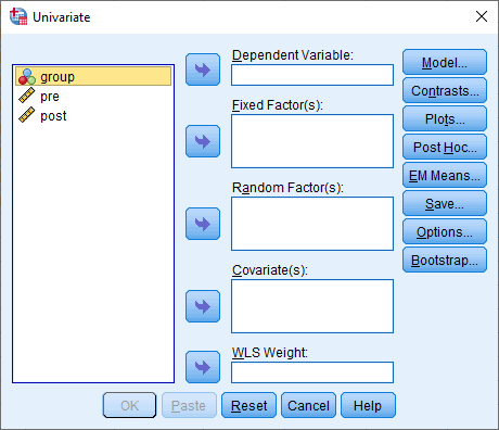 'Univariate' dialogue box for the one-way ANCOVA in SPSS Statistics