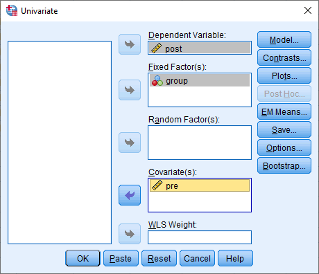 'Univariate' dialogue box for the one-way ANCOVA in SPSS Statistics