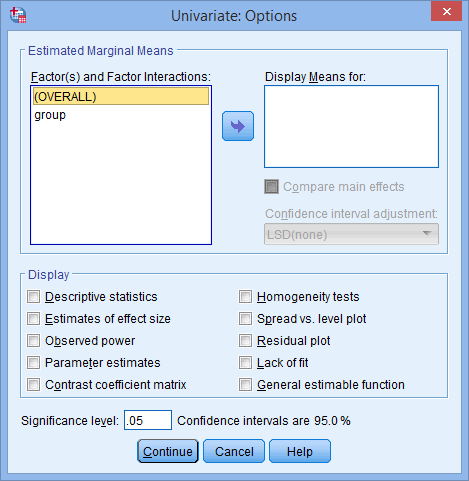 'Univariate: Options' dialogue box for the one-way ANCOVA in SPSS Statistics