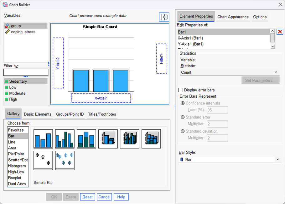The 'Chart Preview' pane changes, simply highlighting you are going to create a simple bar chart