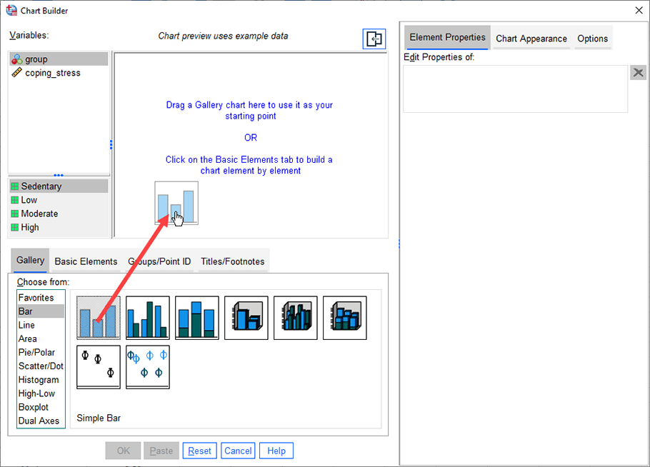 Eight different bar chart options are presented. The option, 'Simple Bar', is dragged into the 'Chart Preview' box at the top