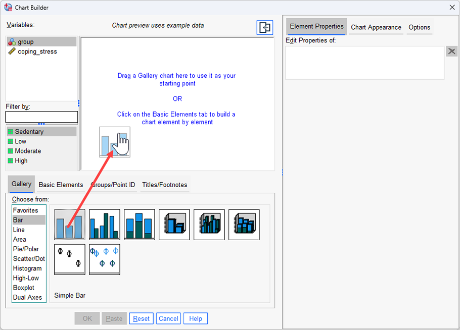 Eight different bar chart options are presented. The option, 'Simple Bar', is dragged into the 'Chart Preview' box at the top