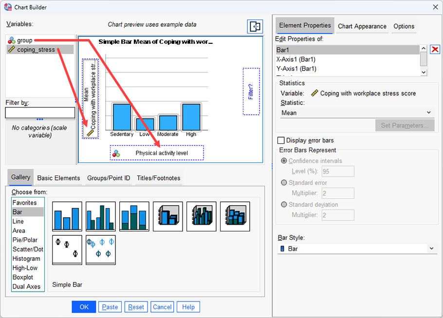 The 'Chart Preview' changes to reflect the variables you have entered into the a-axis and y-axis of your simple bar chart