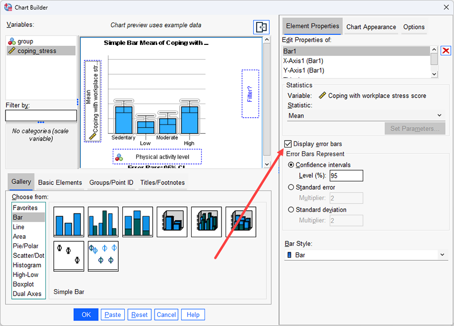 The 'Element Properties' dialogue box provides further options to edit your simple bar chart