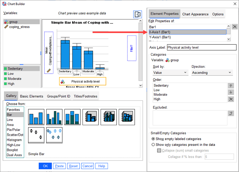 Presents options where you can make changes to the x-axis of your simple bar chart