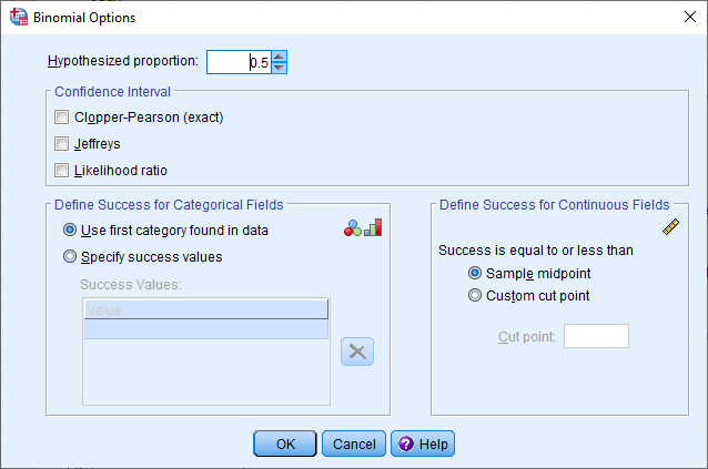 'One-Sample Nonparametric Tests', 'Binomial Options' dialogue box for a binomial test in SPSS Statistics.