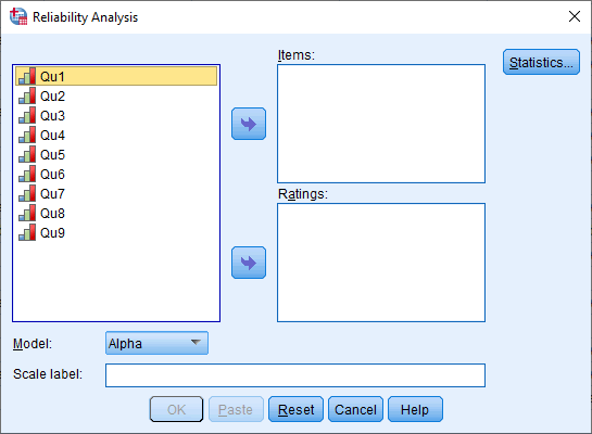 'Reliability Analysis' dialogue box for Cronbach's alpha in SPSS Statistics