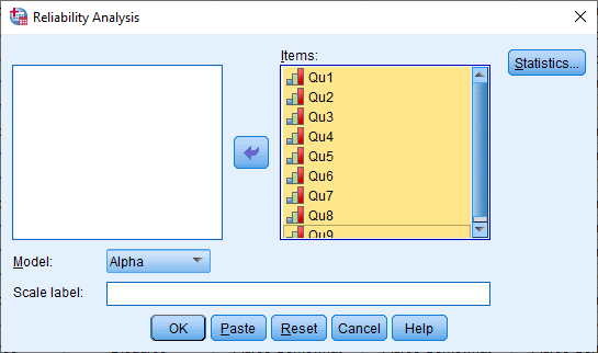 'Reliability Analysis' dialogue box for Cronbach's alpha in SPSS Statistics with variables transferred into the 'Items' box