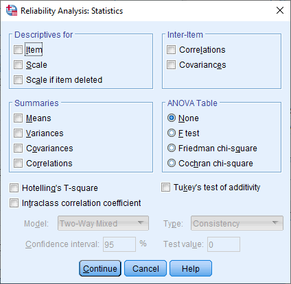 'Reliability Analysis: Statistics' dialogue box for Cronbach's alpha in SPSS Statistics