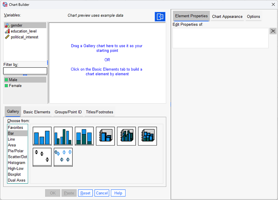 'Chart Builder' dialogue box for a clustered bar chart in SPSS Statistics